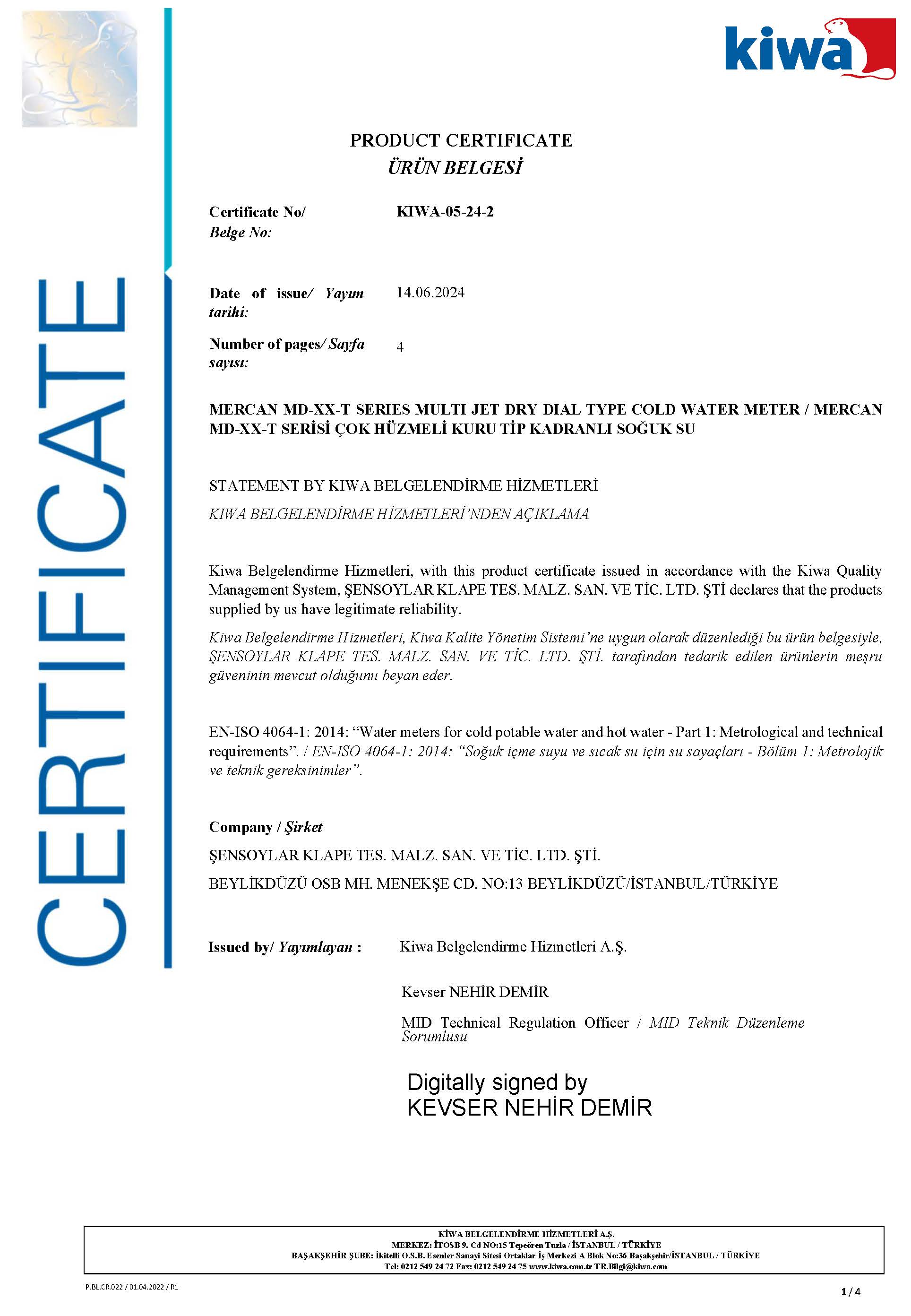 MERCAN SERIES ISO4064 CERTIFICATE