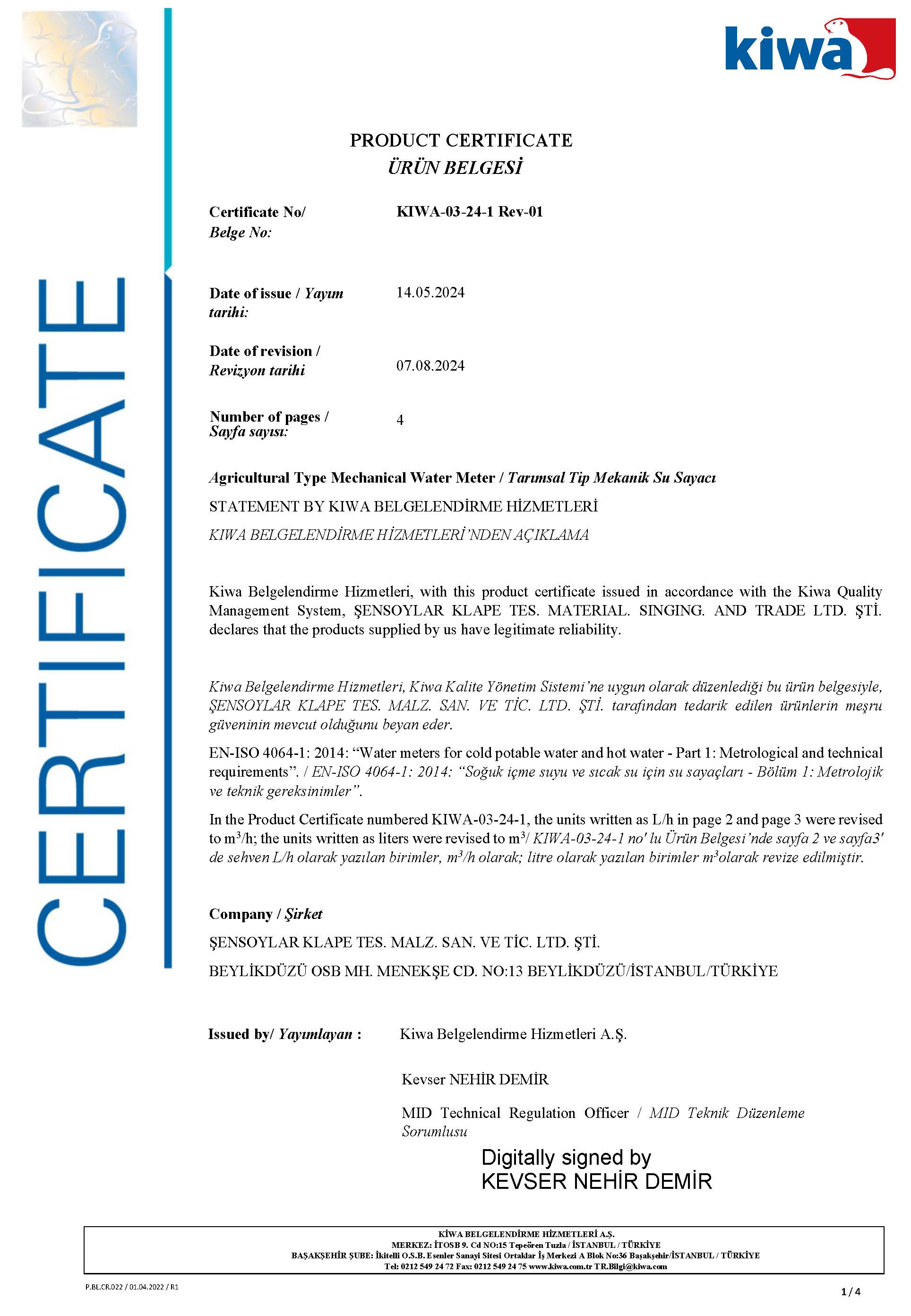 YIGIT SERIES ISO4064 CERTIFICATE