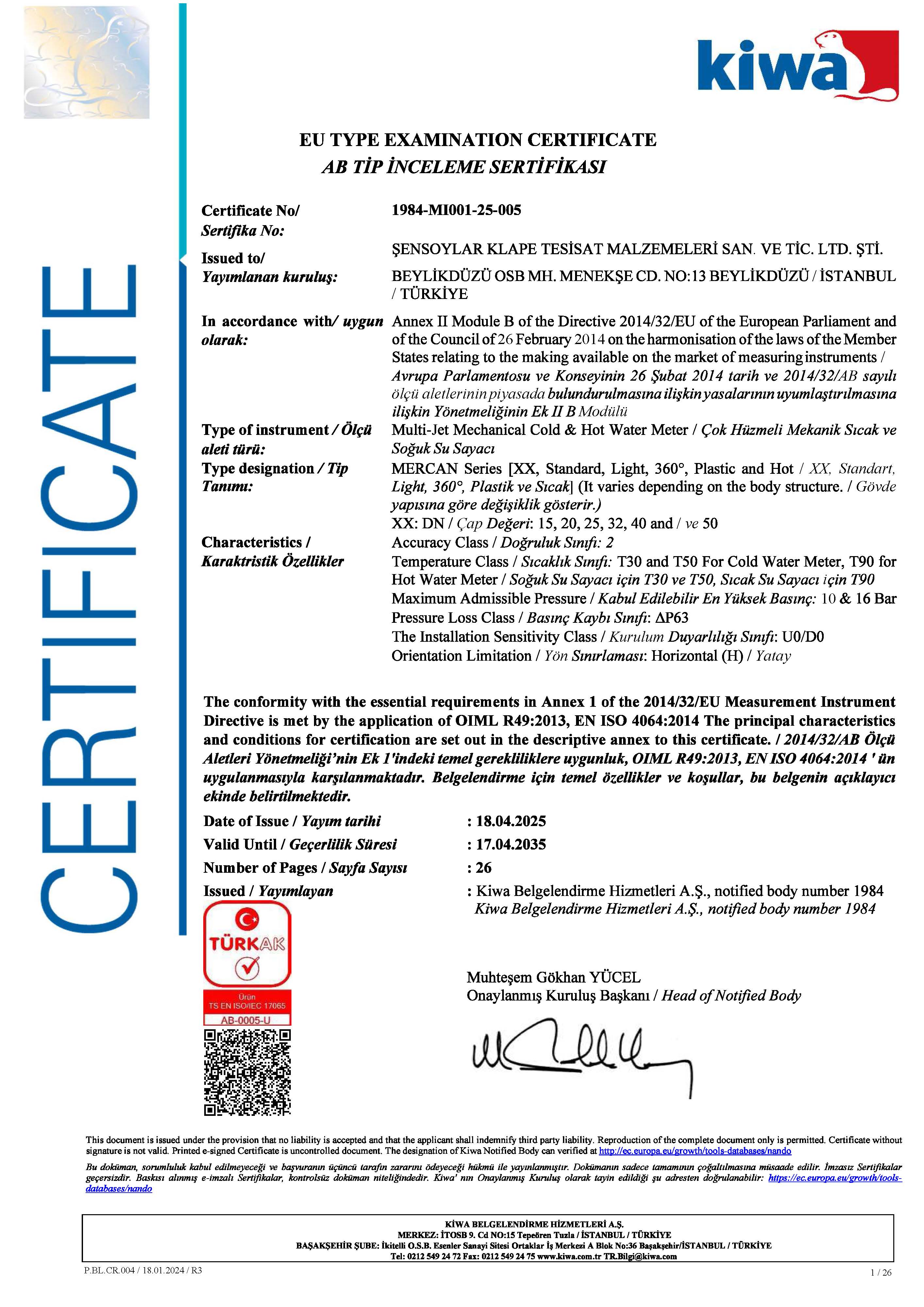 MERCAN SERIES EU TYPE EXAMINATION CERTIFICATE