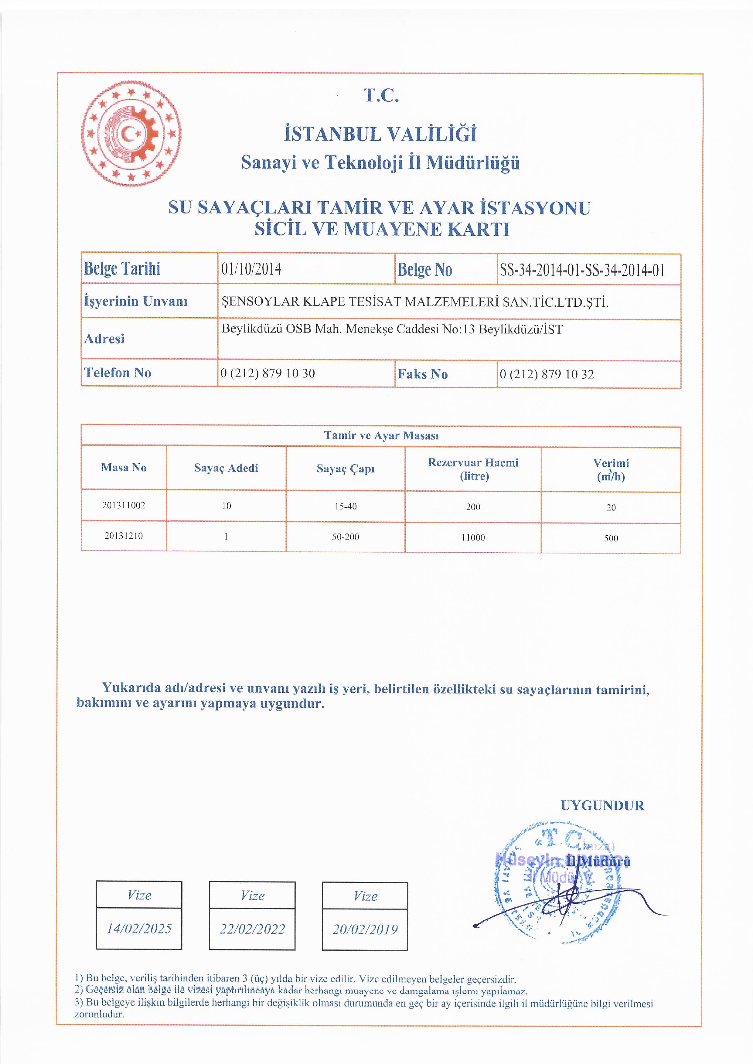 WATER METER REPAIR AND ADJUSTMENT STATION REGISTRATION AND INSPECTION CERTIFICATE